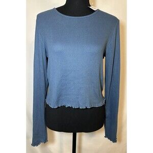 AMERICAN EAGLE Lettuce Cut Ribbed Crop Long Sleeve Blue Shirt‎ Women's LARGE NWT